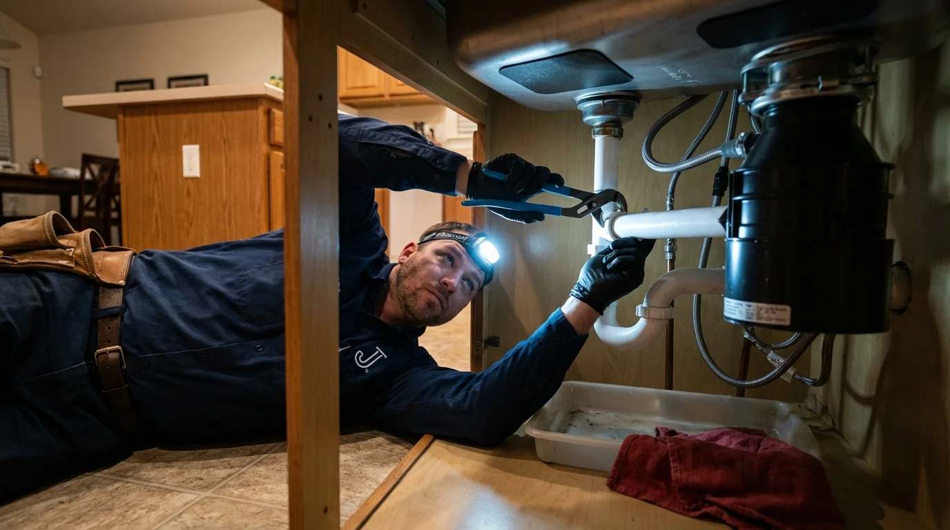 P-trap and supply line connections under a kitchen sink showing a common leak point in Marienville, PA